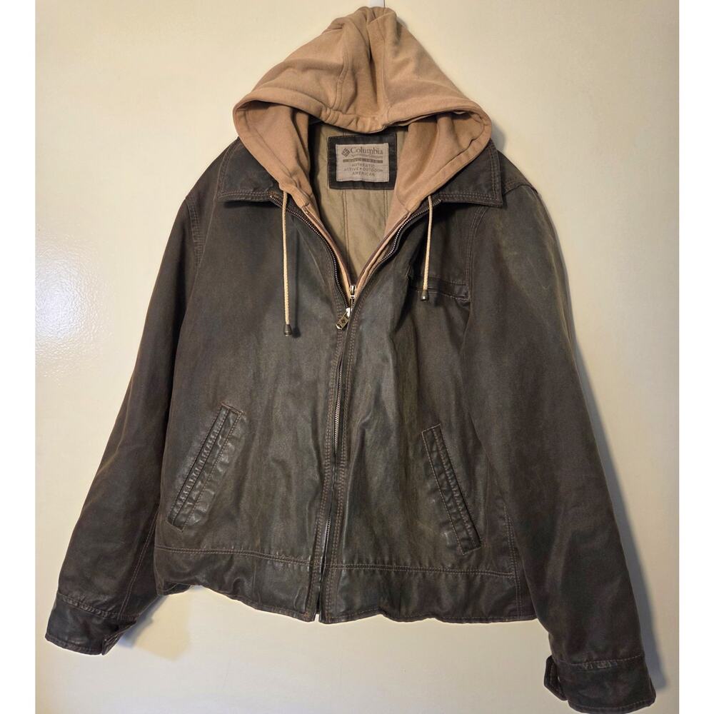 COLUMBIA Faux Leather Brown Jacket Zip In Tan Hoodie Mens L Grunge Moto Vegan